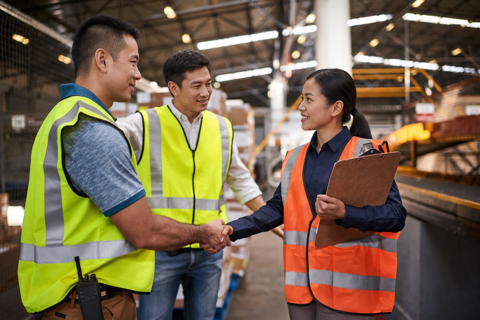 Safety officer shaking hands with a warehouse team
